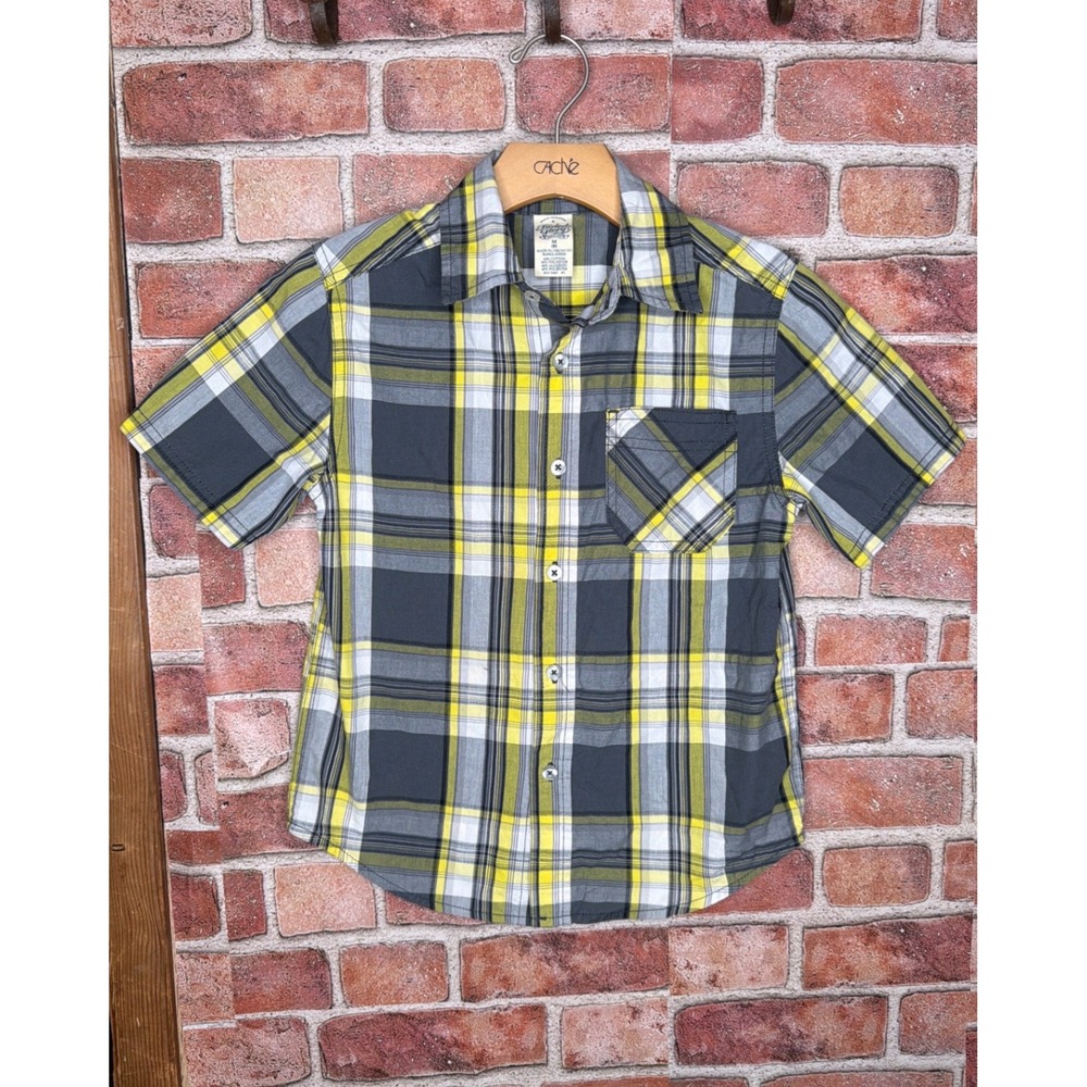 Faded Glory Boys Plaid Button Down Shirt Yellow Grey White Short Sleeve Size M 8